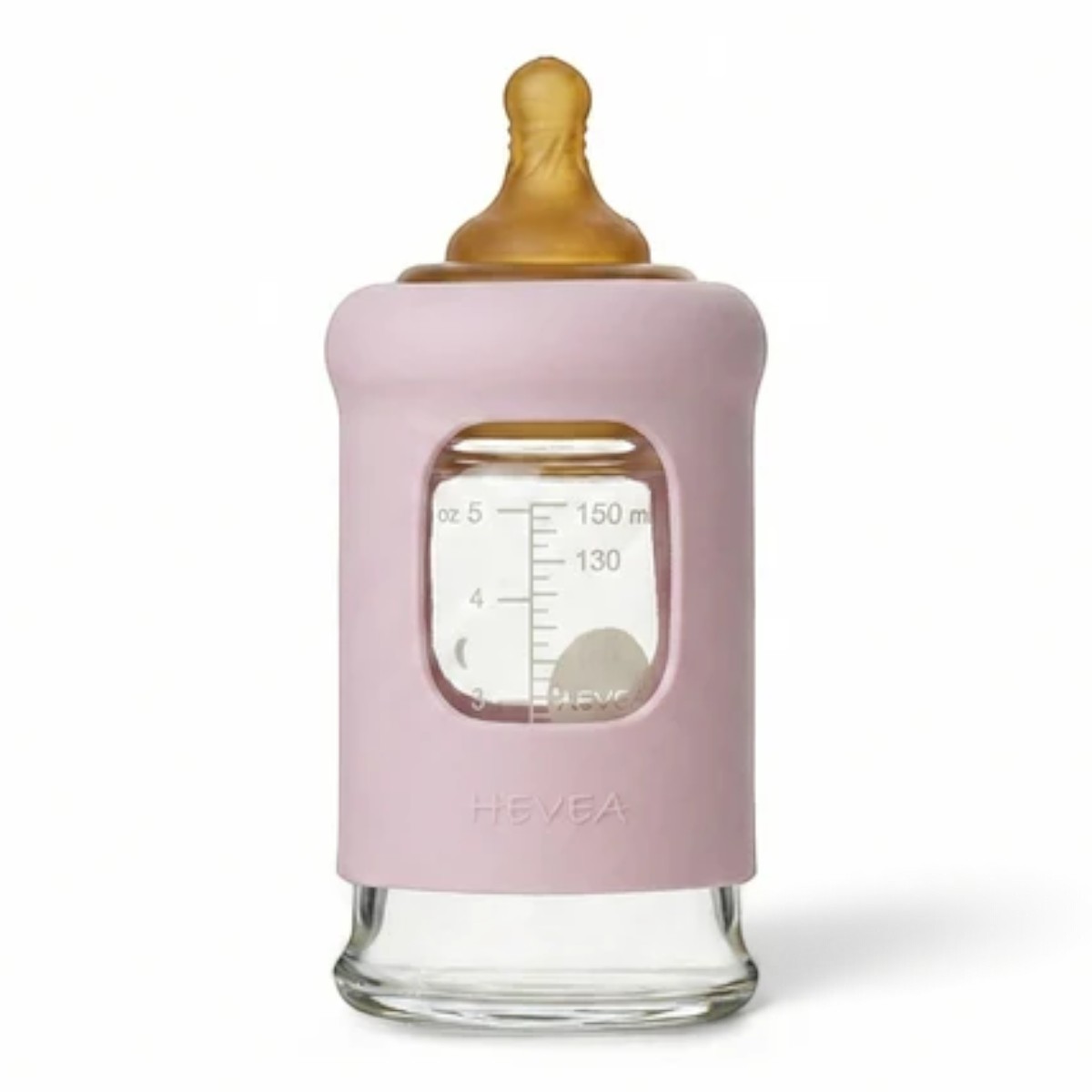 Biberon en verre borosilicaté Hevea 250 ml powder pink avec tétine, bouchon et manchon en caoutchouc naturel