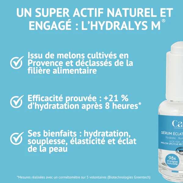 Sérum hydratant Cap Hydra certifié bio  formule clean et durable, 98 % naturelle, vegan, Ecocert Cosmos Organic, fabriqué en France.