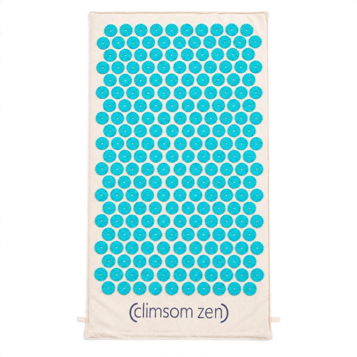 Tapis d’acupression Climsom Zen bleu, picots turquoise sur housse en coton bio écru