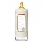 Biberon en verre borosilicaté Hevea 250 ml Ivoire avec tétine, bouchon et manchon en caoutchouc naturel