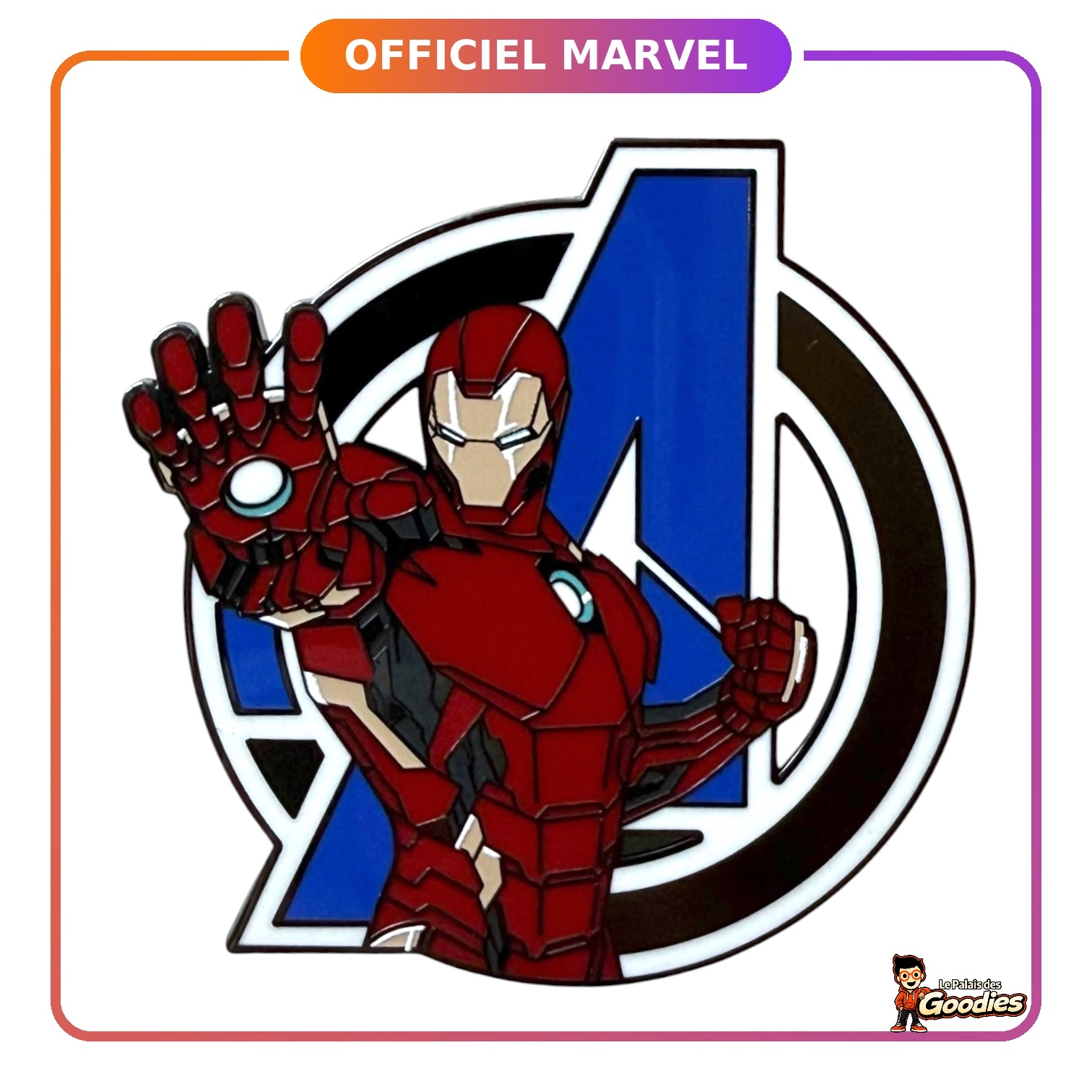 Marvel - Avengers Campus : Pin’s Iron Man devant le logo Avengers OE