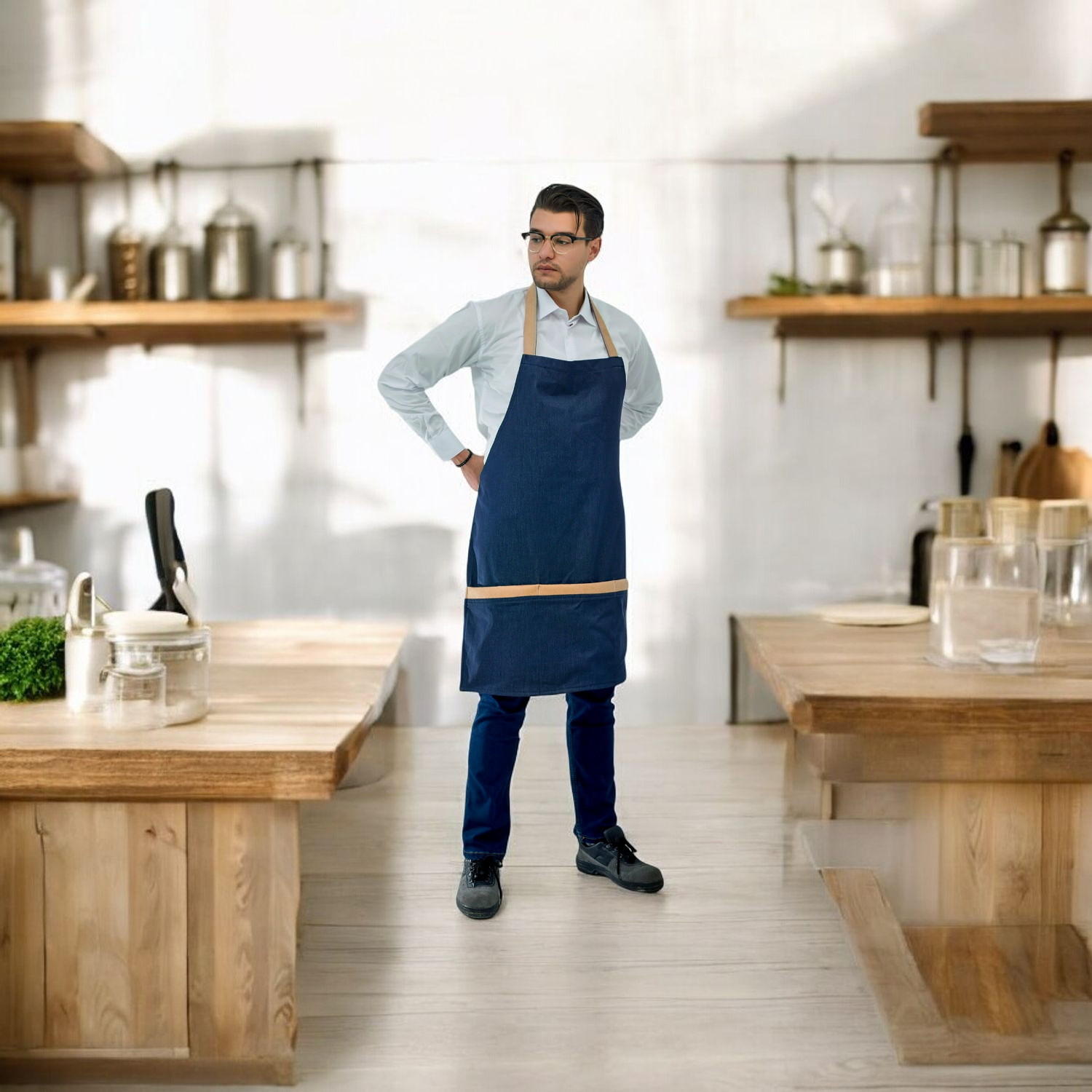 Tablier de Cuisine en Jean avec Sangle en Cuir