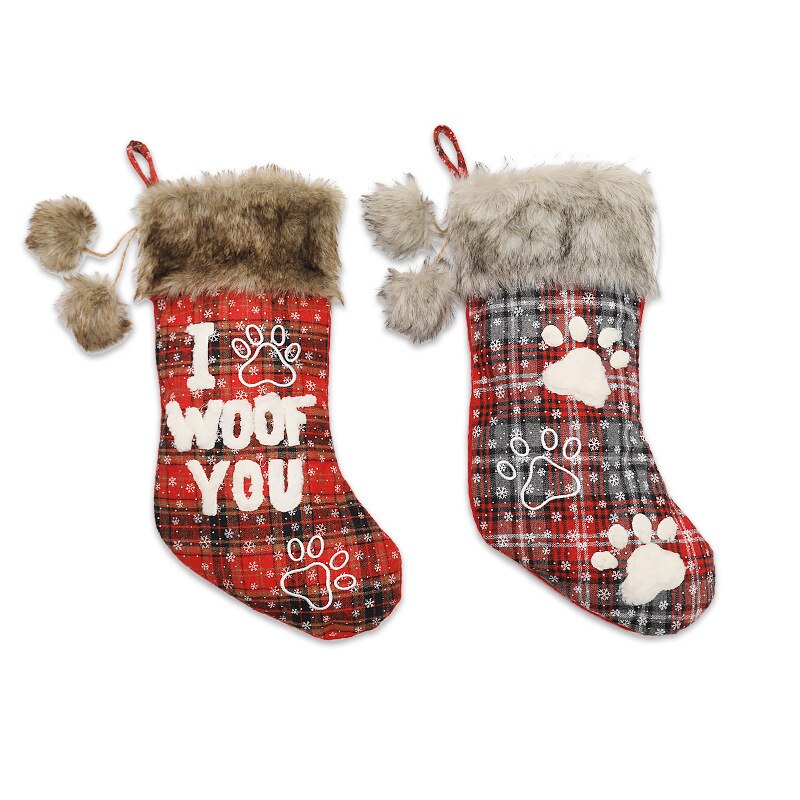 Chaussettes-de-no-l-avec-boule-impression-carreaux-lettres-patte-de-chien-bonbons-sac-cadeau-pour