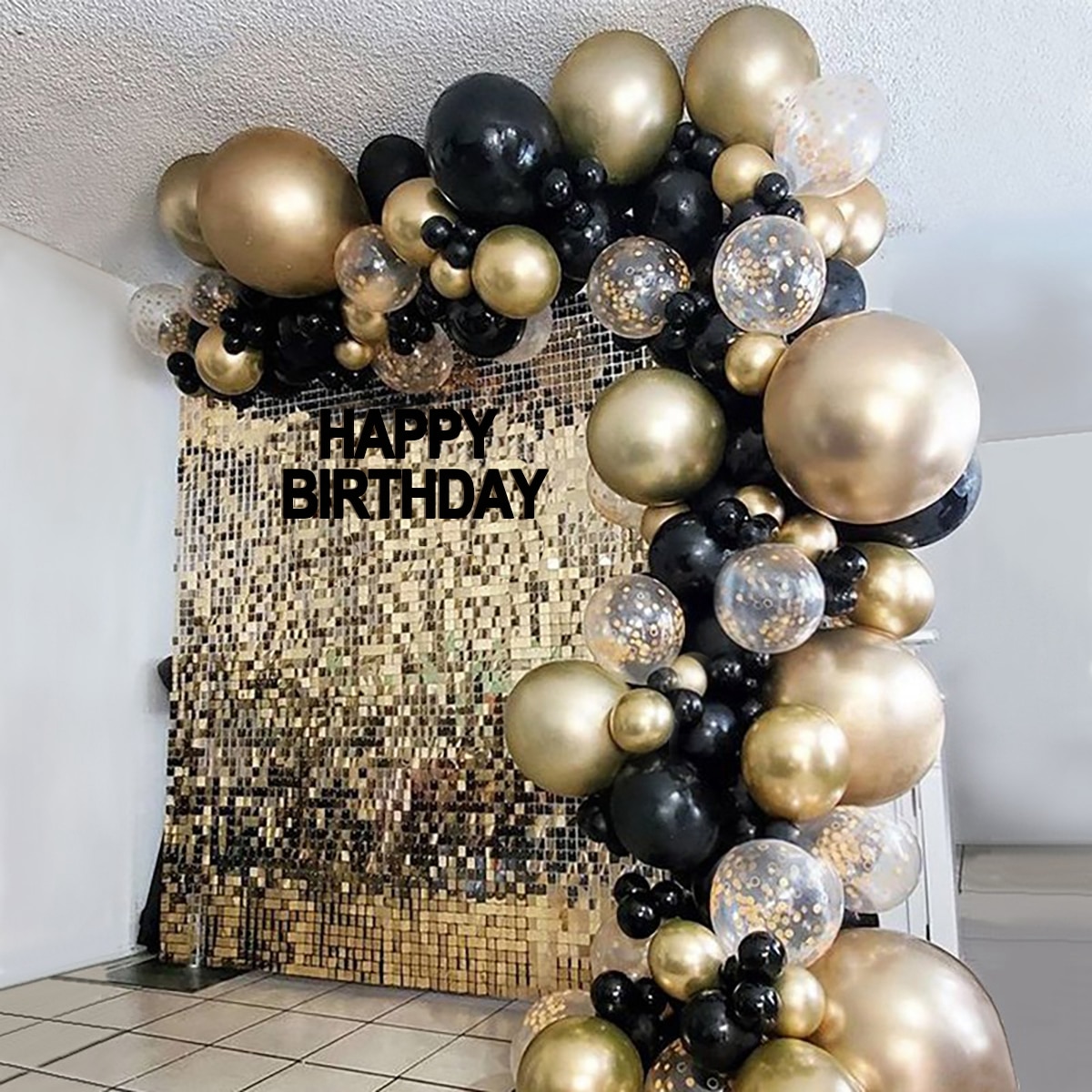 Ballons-en-Latex-avec-confettis-guirlande-en-arc-noir-et-or-d-cor-de-f-te