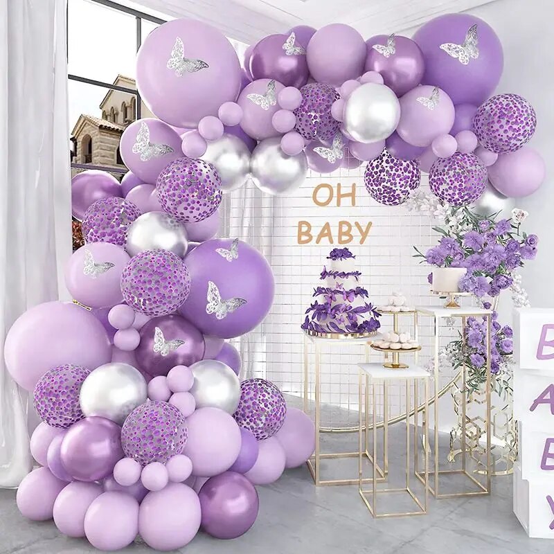 Kit-d-arche-de-guirxi-t-de-ballons-violets-argent-m-tallique-autocollants-papillon-confettis-pour