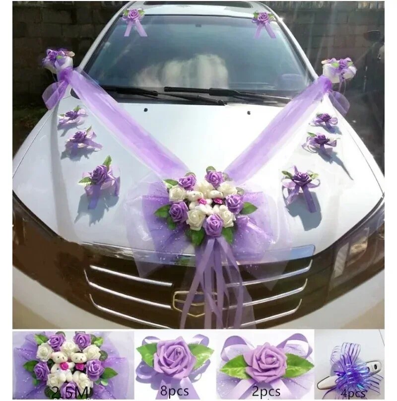 Fleur-artificielle-pour-d-coration-de-voiture-de-mariage-rose-romantique-n-ud-en-ruban-1