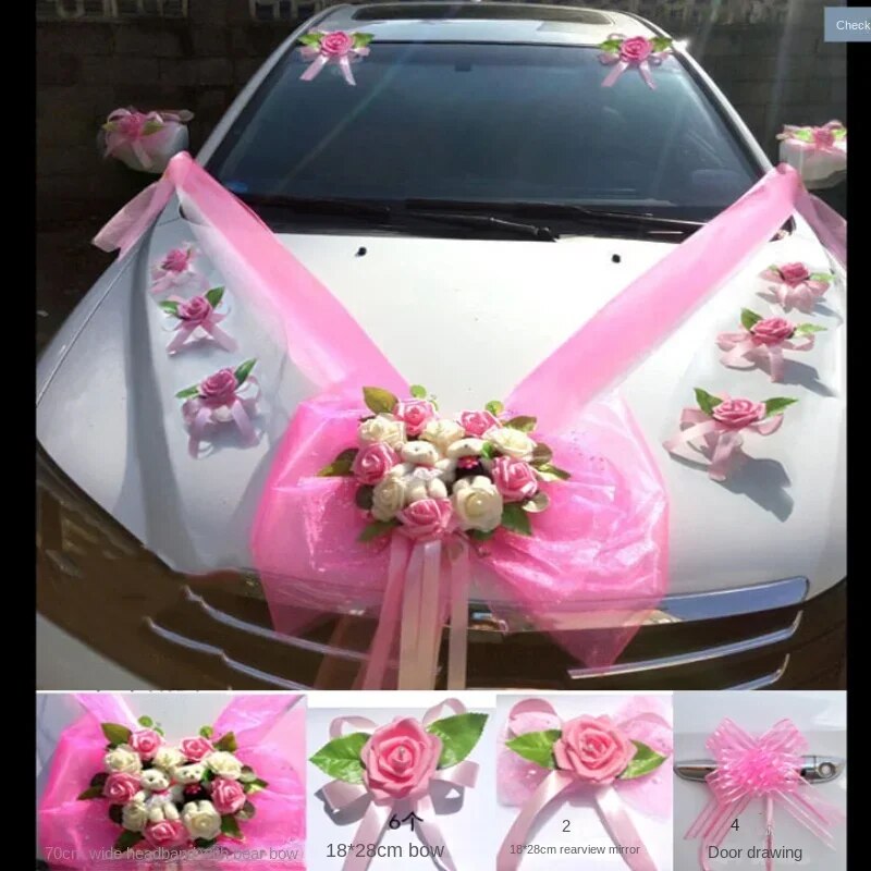 Fleur-artificielle-pour-d-coration-de-voiture-de-mariage-rose-romantique-n-ud-en-ruban-1