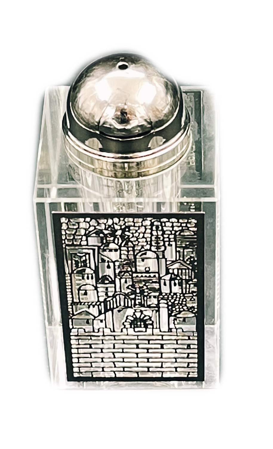 Salière / Poivrière en cristal, décorée avec plaque métallique ciselée au laser
