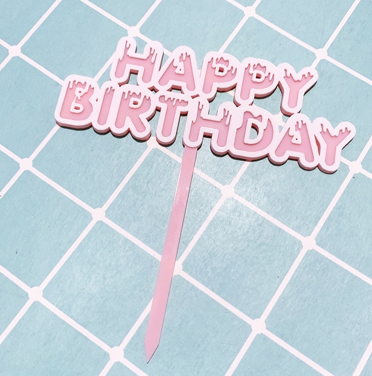Topper en acrylique - Happy Birthday Drip - Rose