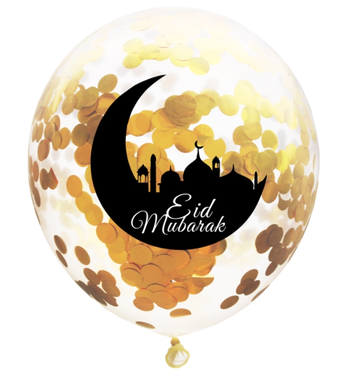 Ballons avec Confettis - Mosquée avec Eid Mubarak - Or - Lot de 5