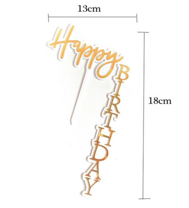 Topper en acrylique Verticale - Happy Birthday - Or sur Blanc