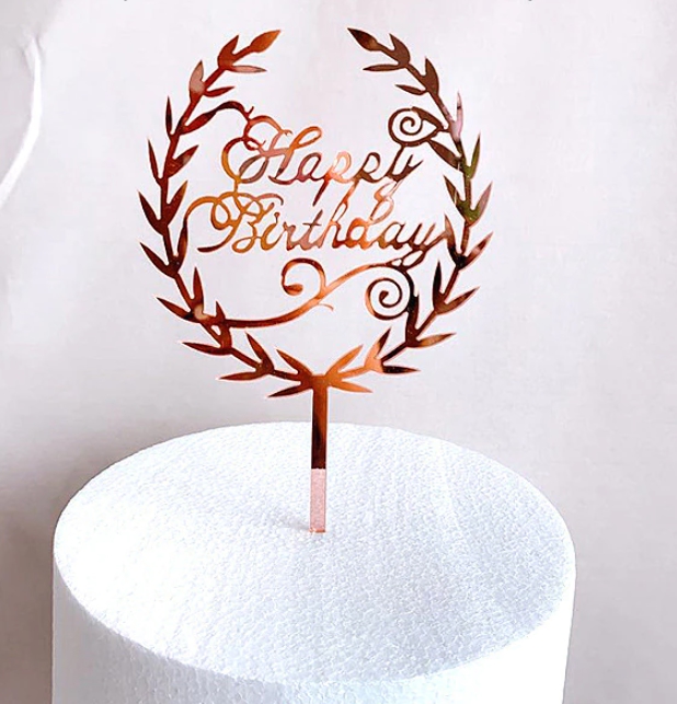 Topper en acrylique - Happy Birthday avec Laurier - Or Rosé
