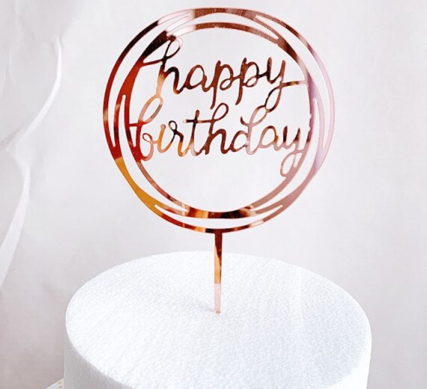 Topper en acrylique - Happy Birthday avec Spirale - Or Rosé