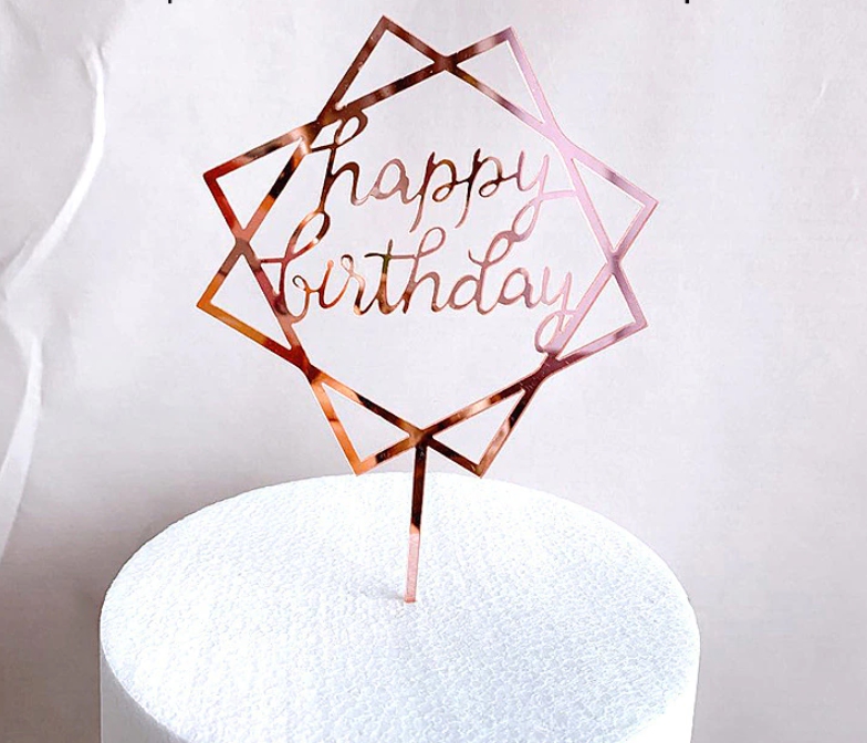 Topper carre Happy Birthday en acrylique - Or Rose