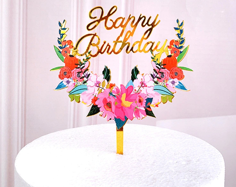 Topper en acrylique à Fleurs - Happy Birthday - Or