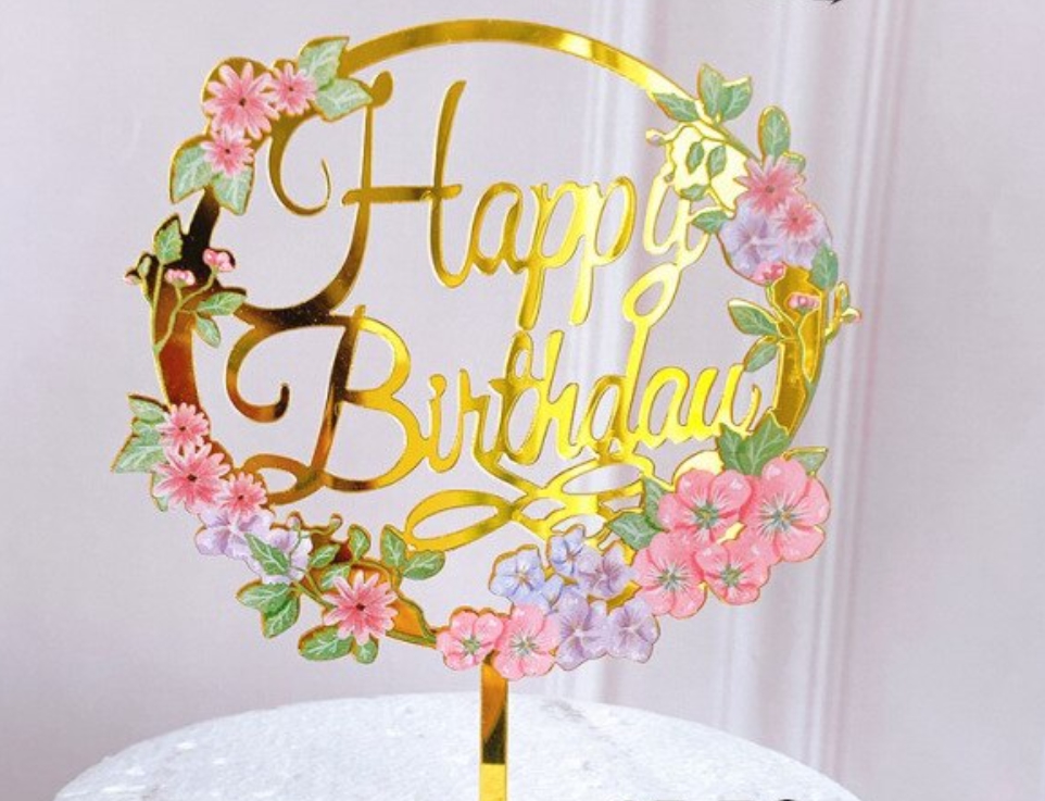 Topper - Happy Birthday avec Ballon et Chapeau - Or pailleté - O'SugarArt