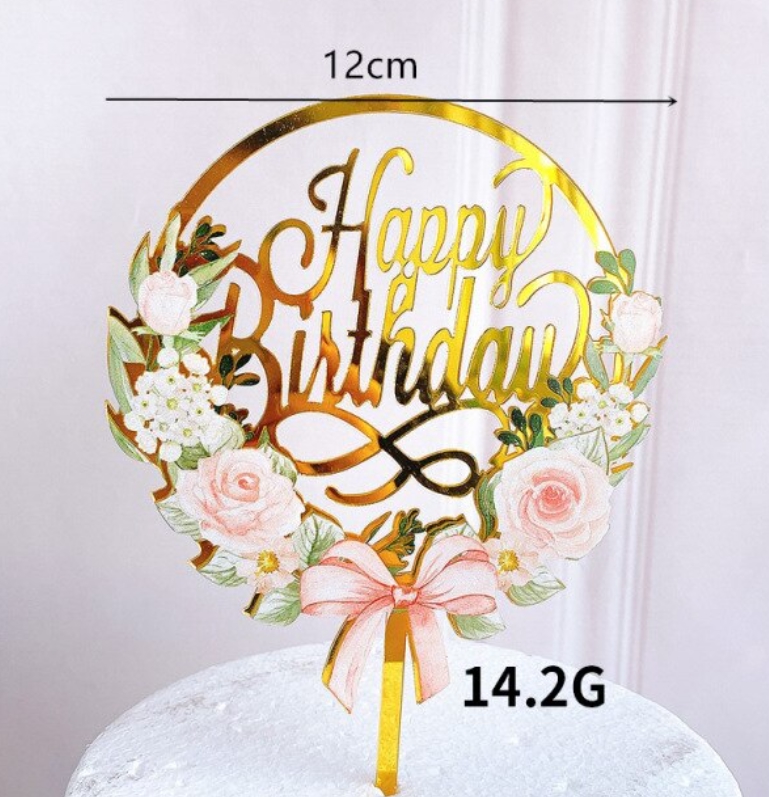 Topper en acrylique à Fleurs - Happy Birthday (avec Noeud) - Or