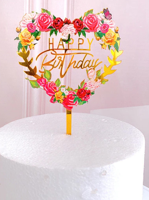 Topper en acrylique à Fleurs - Happy Birthday avec Coeur - Or