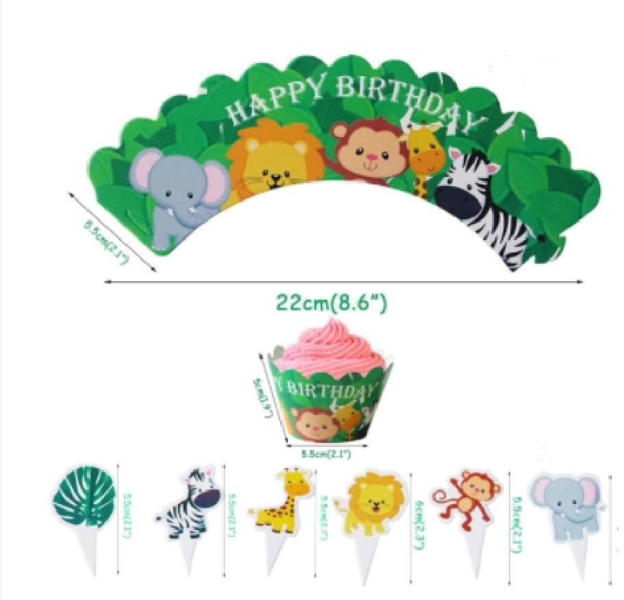 Contours à cupcake et Topper – Animaux Happy Birthday – Lot de 6