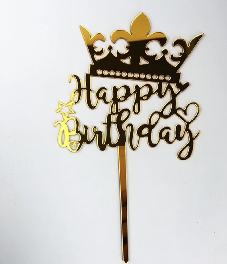 Topper en acrylique - Happy Birthday avec Couronne - Or