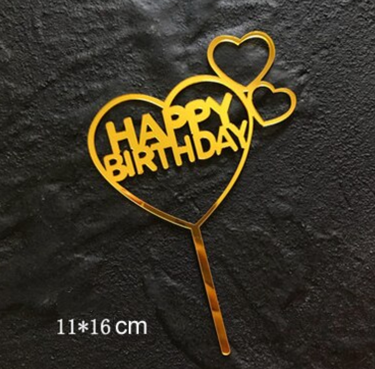 Topper en acrylique - Happy Birthday avec Coeurs - Or