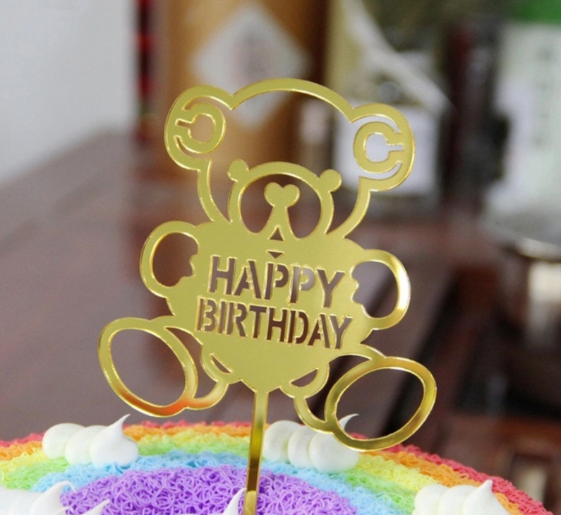 Topper en acrylique - Happy Birthday Nounours Or