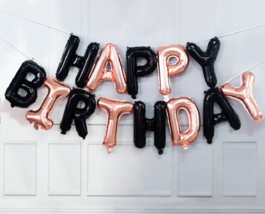 Guirlande de Ballons - Happy Birthday - Or rosé et Noir