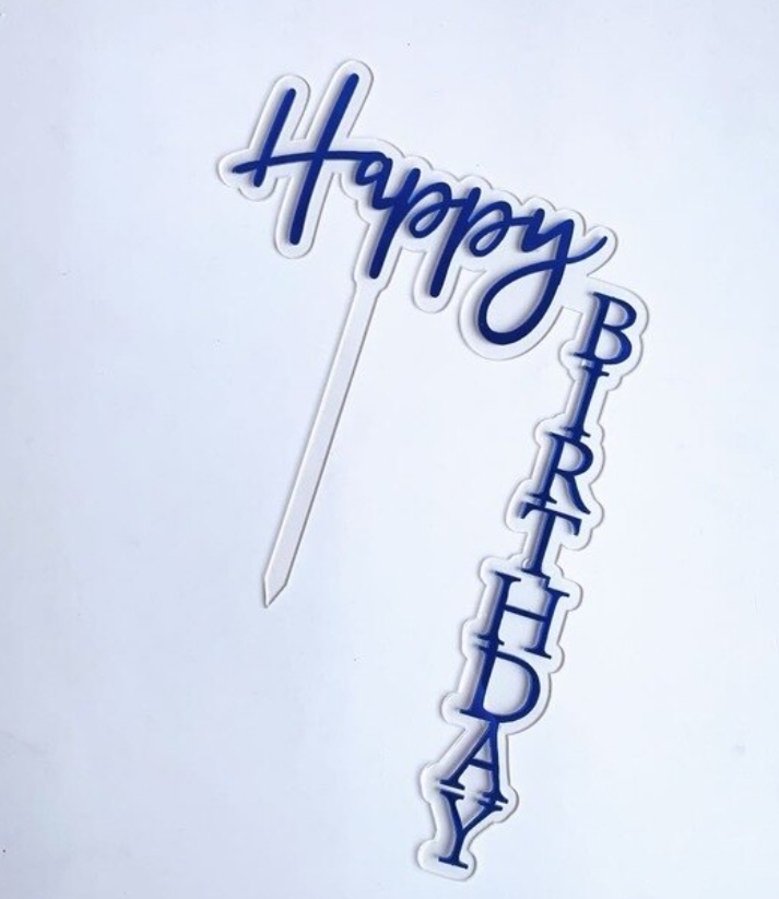 Topper en acrylique Verticale - Happy Birthday - Bleu