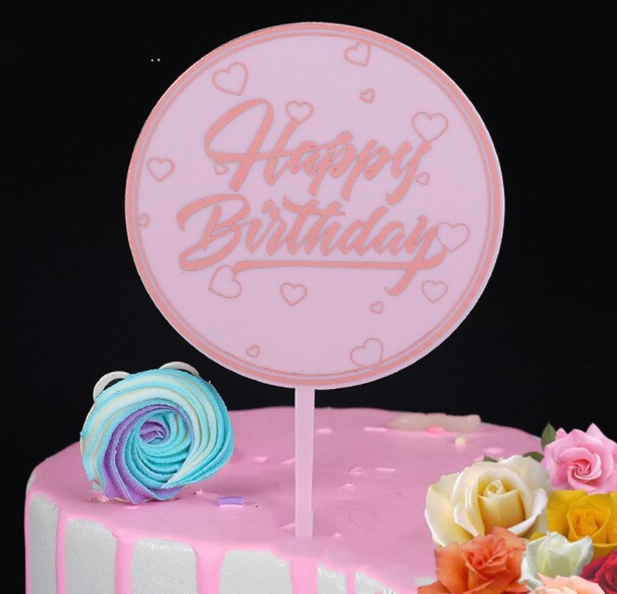 Topper en acrylique - Cercle Happy Birthday avec coeurs - Or rosé