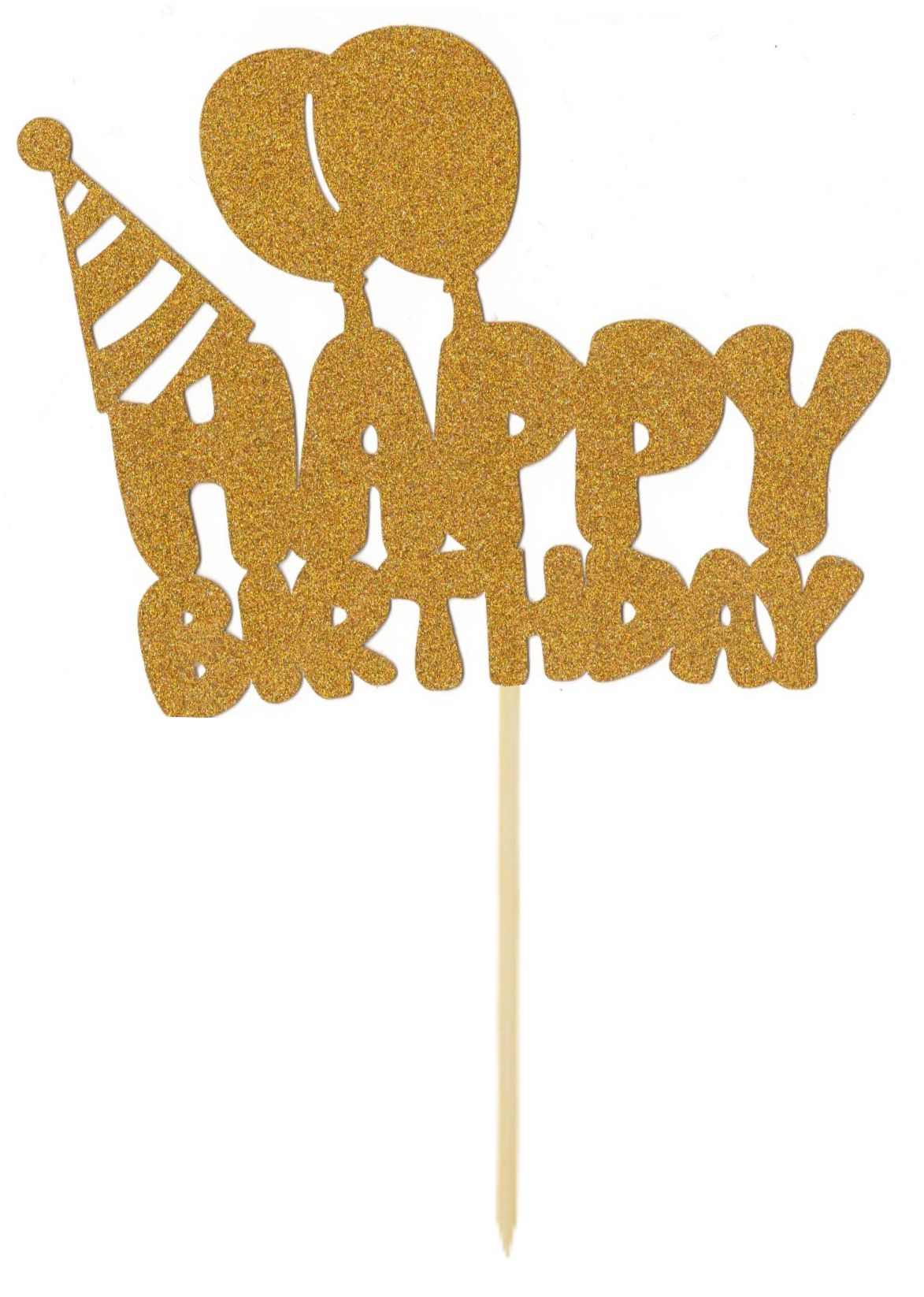 Topper - Happy Birthday avec Ballon et Chapeau - Or pailleté - O'SugarArt