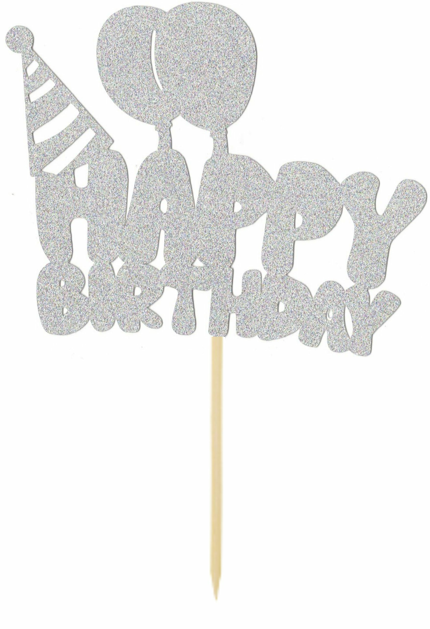 Topper - Happy Birthday avec Ballon et Chapeau - Or pailleté - O'SugarArt