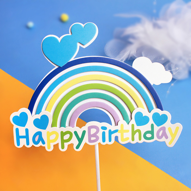 Topper – Happy Birthday avec Arc en ciel – Bleu