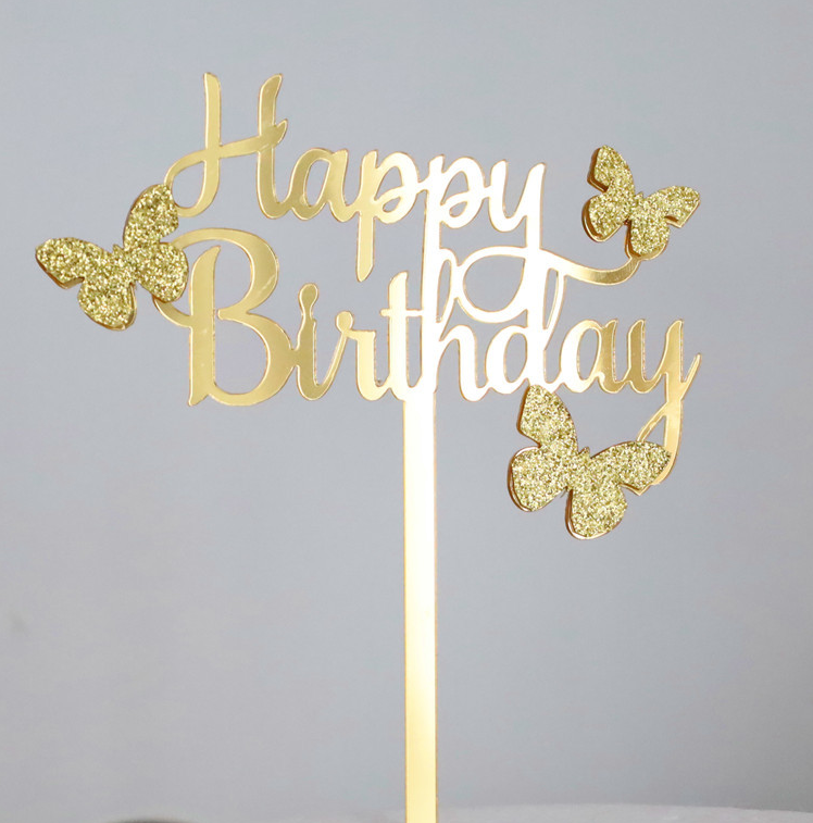 Topper en acrylique - Happy Birthday Papillon  - Or