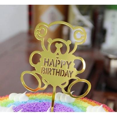 Topper en acrylique - Happy Birthday avec Nounours - Or