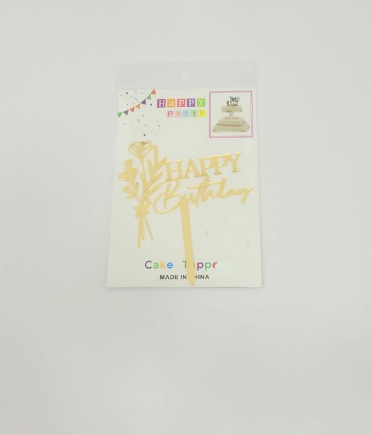 Topper en acrylique - Happy Birthday Fleurs - Or