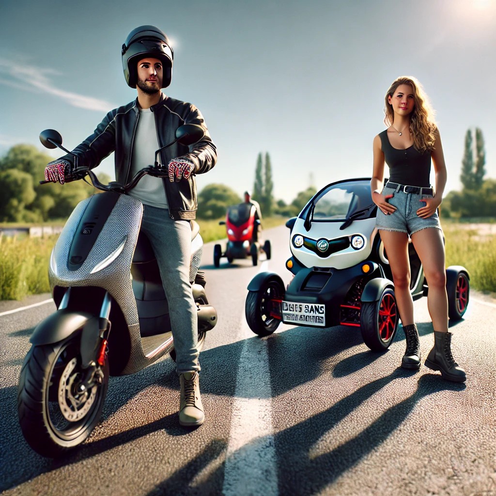dall e 2025 02 20 12 19 34 a realistic image of a modern 50cc scooter and a modern microcar voiture sans permis standing side by side on a closed driving track a young man is