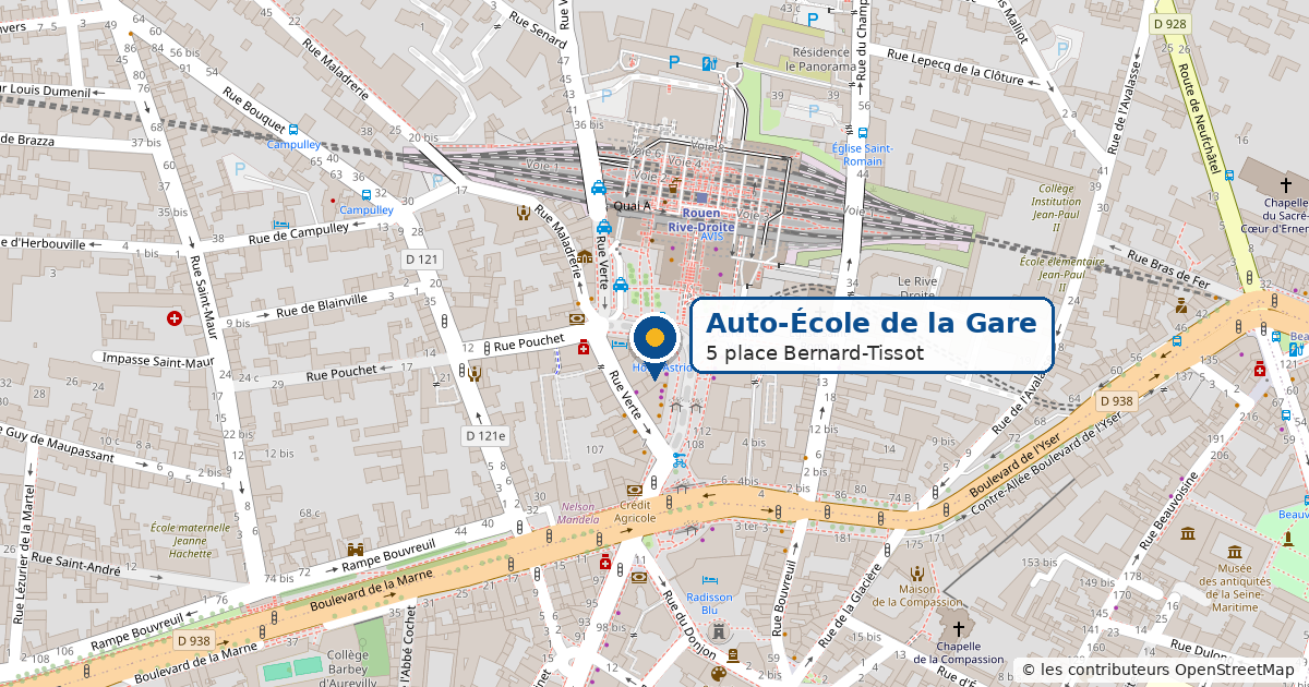Plan de localisation de l’Auto-École de la Gare face à la gare de Rouen-Rive-Droite