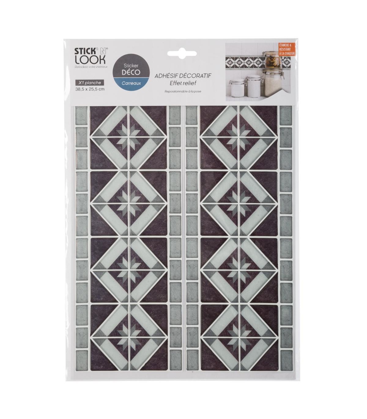 Sticker carrelage adhésif x4, 20 cm X 20 cm, autocollant décoratif,  imitation carrelage motifs palmes noires