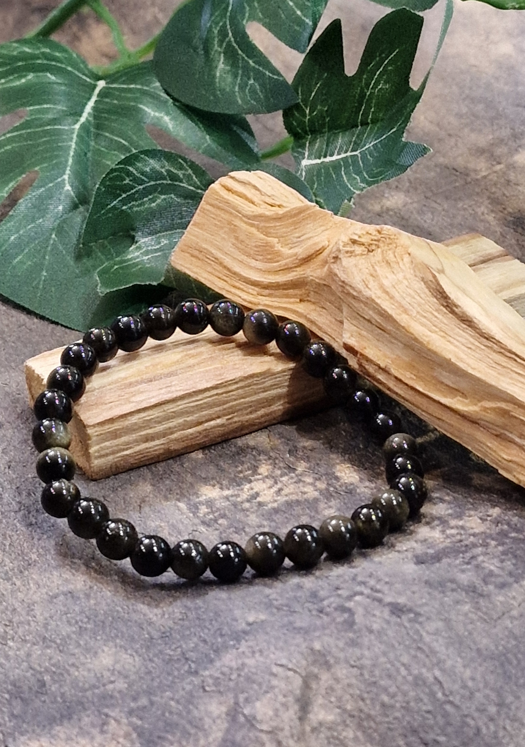 Bracelet 6mm obsidienne dorée