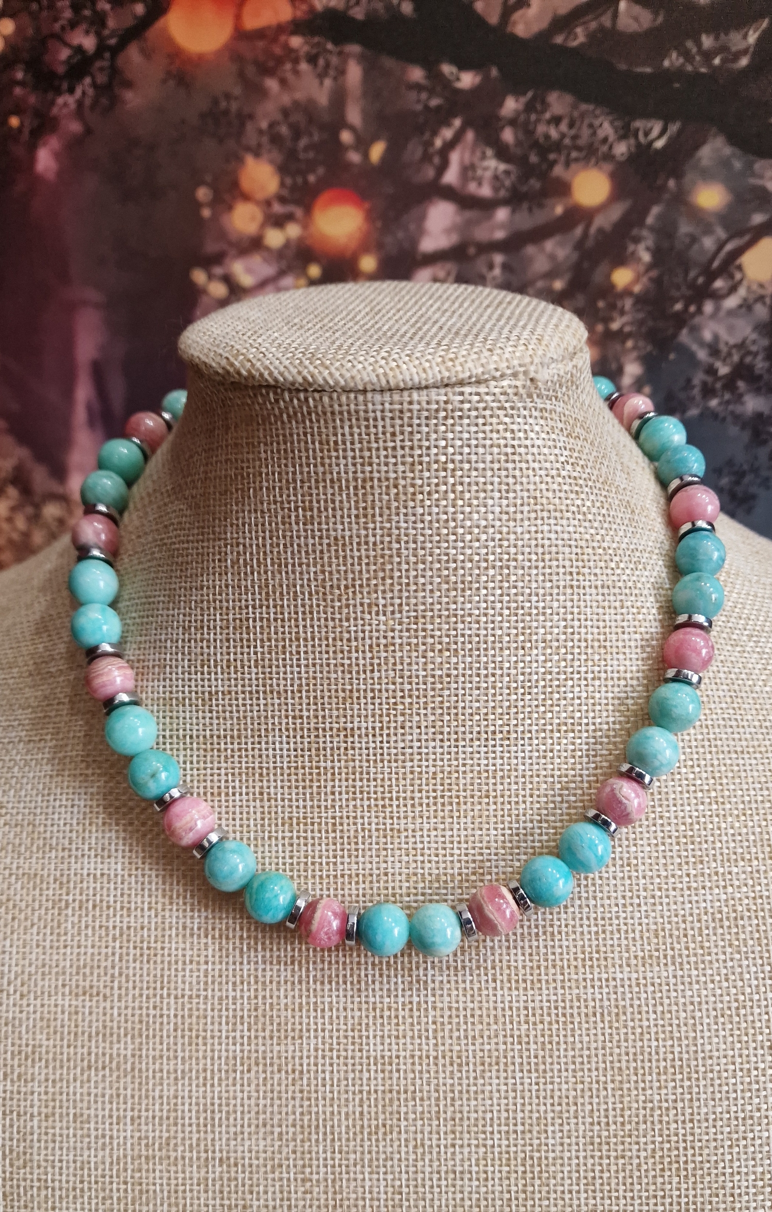 Collier amazonite et rhodochrosite