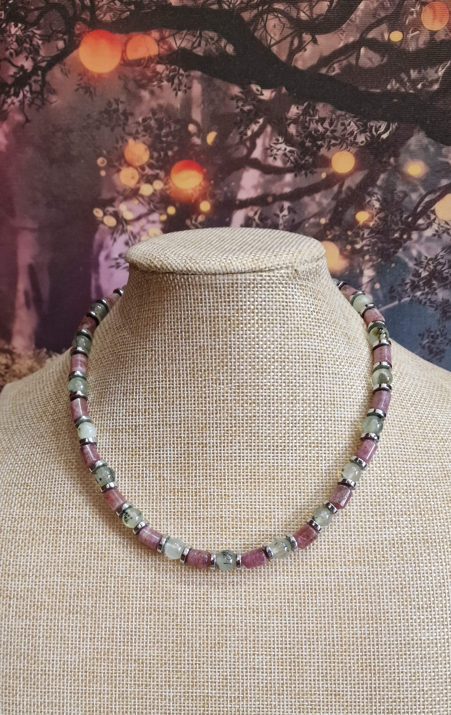 Collier tourmaline rose et jade prehnite