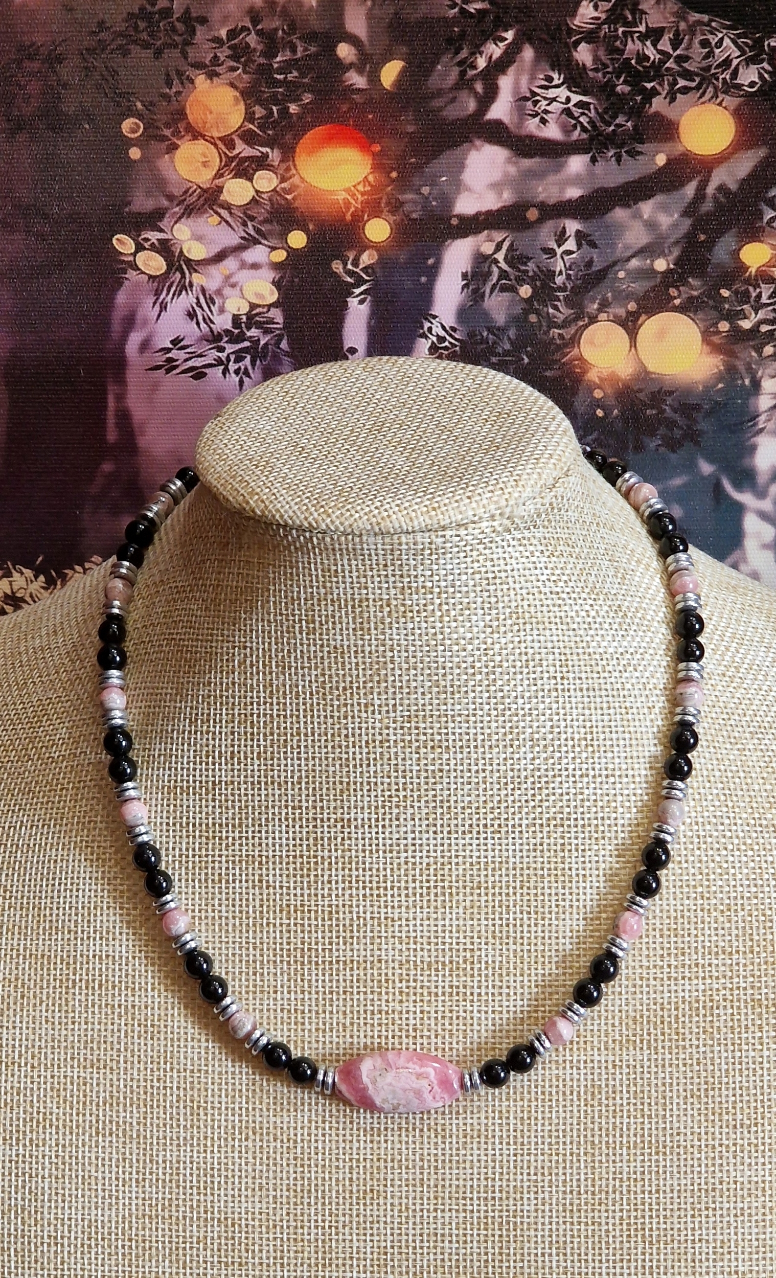 Collier rhodochrosite et obsidienne oeil céleste