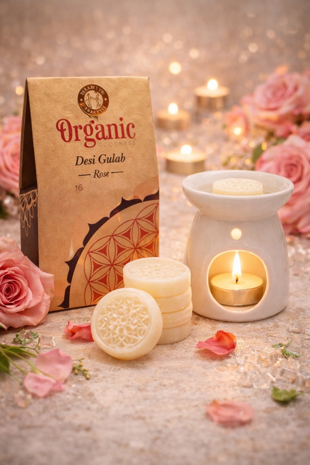 Pastilles de cire de soja naturel, parfumées aux huiles essentielles de rose