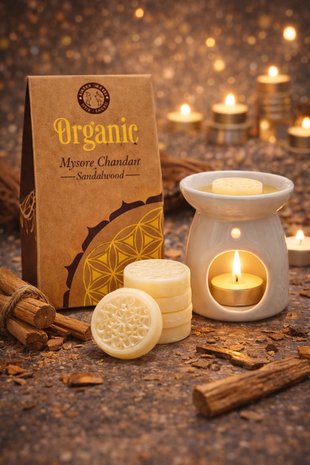 Pastilles de cire de soja naturelle, parfumées aux huiles essentielles de santal