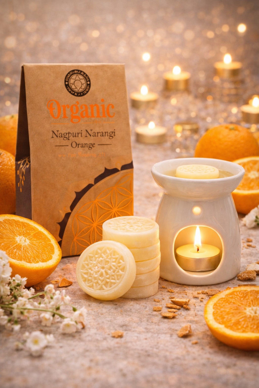 Pastilles de cire de soja naturel, parfumées aux huiles essentielles d’orange douce
