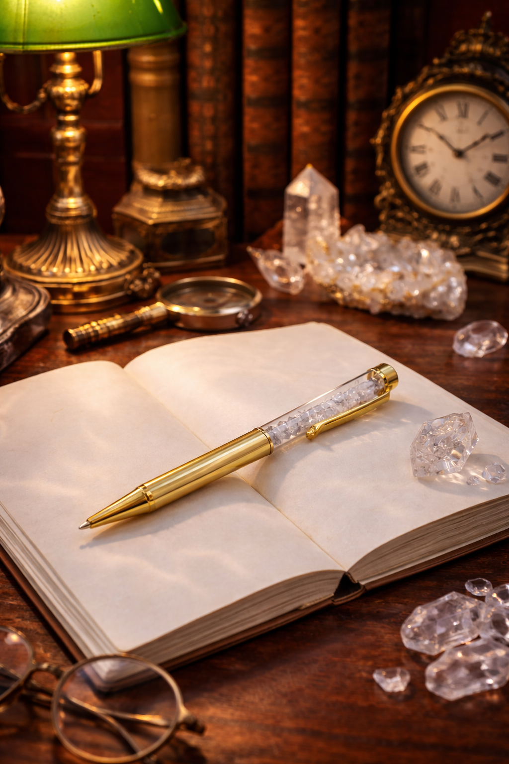 Stylo doré cristal de roche - énergie lumineuse