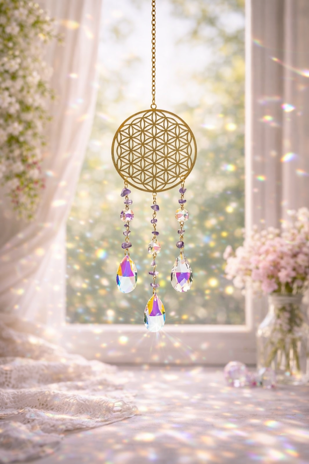 Suncatcher Feng Shui - Fleur de Vie avec Perles d’Améthyste