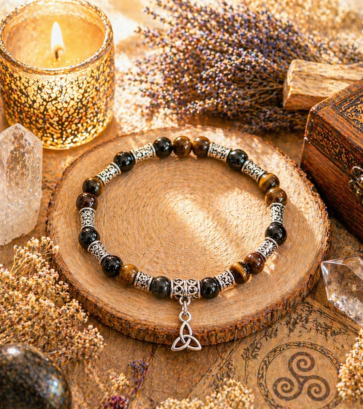Bracelet oeil de tigre et obsidienne oeil céleste - Breloque Triskel