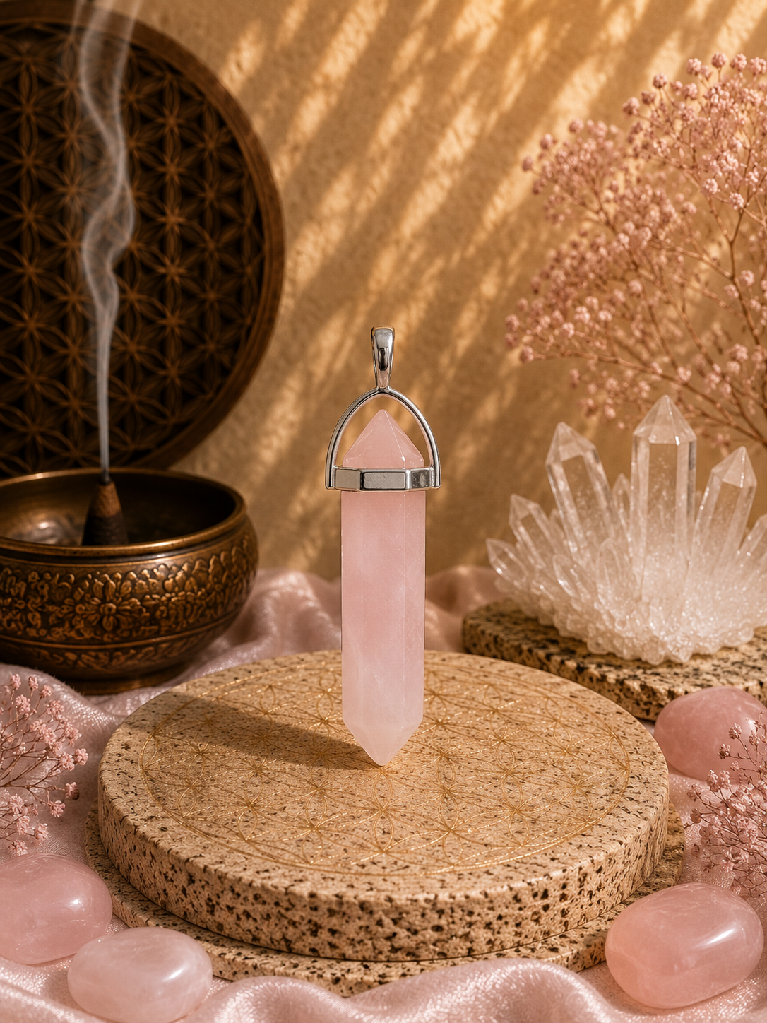 Pendentif Quartz Rose - Biterminé - Douceur et Harmonie
