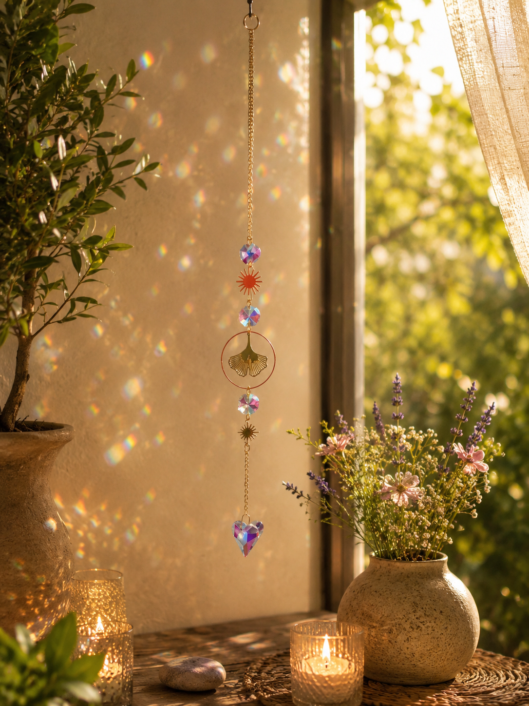 Suncatcher Feng Shui - Coeur et Feuille de Ginko